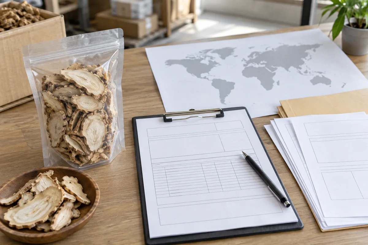 Dried galangal sample beside blank import paperwork and a simple world map
