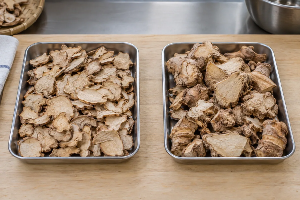 Separate trays of dried galangal slices and larger galangal chunks for format comparison