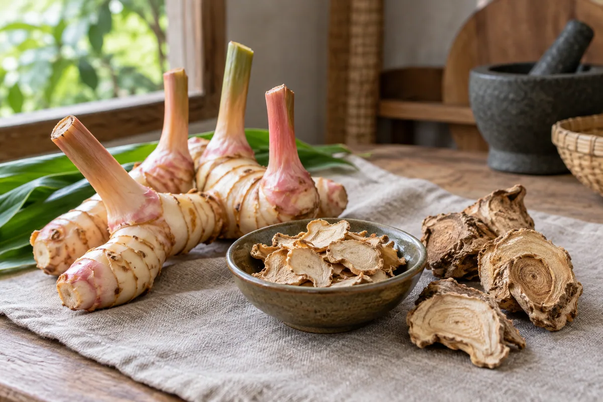 Fresh greater galangal rhizomes beside dried galangal slices and larger dried pieces