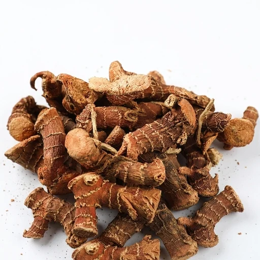 Dried galangal whole and chunk pieces arranged on a white background